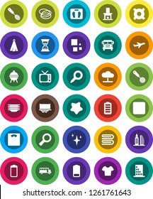 White Solid Icon Set- towel vector, shining, splotch, plates, skimmer, bbq, school bus, magnifier, sand clock, any currency, scales, t shirt, hoop, plane, truck trailer, tv, battery, backward button