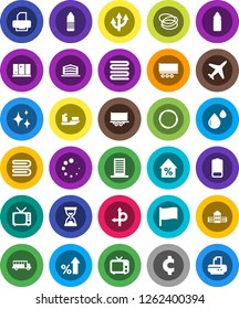 White Solid Icon Set- towel vector, shining, window, school building, bus, flag, percent growth, sand clock, cent sign, water bottle, hoop, route, plane, ship, truck trailer, tv, battery, blood drop