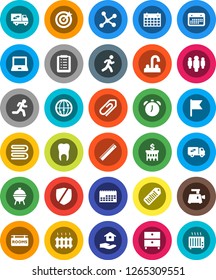 White Solid Icon Set- towel vector, house hold, water tap, bbq, ruler, notebook pc, alarm clock, archive, flag, bank building, man, calendar, run, protected, barcode, internet, tooth, network