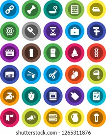 White Solid Icon Set- towel vector, iron, drying clothes, cleaning agent, cook press, cutting board, mixer, jug, case, bell, alarm clock, scissors, abacus, target, bone, traffic light, calendar