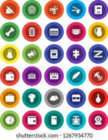 White Solid Icon Set- towel vector, plates, garbage pile, oil, cook press, rolling pin, jug, mushroom, copybook, pen, pie graph, wallet, case, measuring, target, calendar, bone, signpost, satellitie