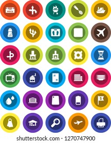 White Solid Icon Set- towel vector, window cleaning, plates, skimmer, cutting board, hand mill, bbq, sand clock, dollar flag, any currency, scales, route, plane, ship, tv, battery, backward button