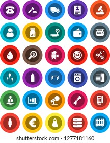 White Solid Icon Set- towel vector, water drop, washer, microscope, personal information, graph, auction, money search, man, euro sign, horizontal bar, bottle, phone, support, client, big scales