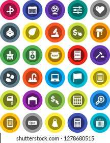 White Solid Icon Set- towel vector, garbage pile, water tap, mixer, microscope, calculator, notebook pc, clipboard, flag, leaf, auction, bank building, dollar cursor, calendar, route, package, heart