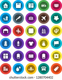 White Solid Icon Set- towel vector, window cleaning, splotch, plates, shining, knife, hand mill, school building, bus, flag, percent growth, any currency, scales, t shirt, water bottle, route, plane