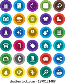 White Solid Icon Set- towel vector, shining, window cleaning, plates, cutting board, school bus, magnifier, percent growth, dollar flag, cent sign, scales, t shirt, tv, battery, backward button