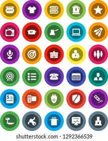 White Solid Icon Set- towel vector, turk coffee, toaster, pasta, university, notebook pc, annual report, man, t shirt, target, calendar, shuttlecock, satellite, protected, big scales, video camera