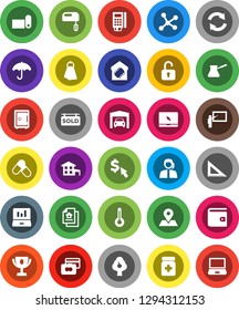 White Solid Icon Set- towel vector, turk coffee, blackboard, corner ruler, award cup, laptop graph, credit card, wallet, safe, dollar cursor, pills, fitness mat, map pin, support, umbrella, bottle