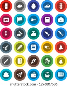 White Solid Icon Set- towel vector, washing powder, garbage pile, kettle, measuring cup, knife, blender, egg, copybook, pencil, case, bell, flag, target, shuttlecock, traffic light, hdmi, scissors