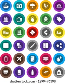 White Solid Icon Set- towel vector, window cleaning, plates, shining, knife, cutting board, bbq, school building, cent sign, scales, water bottle, plane, ship, truck trailer, tv, battery, blood drop