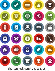 White Solid Icon Set- towel vector, trash bin, plates, ladle, pen, sand clock, arrow down, dollar flag, snickers, bone, traffic light, document, glass, sorting, big scales, satellitie, classic phone