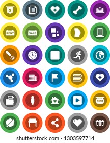 White Solid Icon Set- towel vector, splotch, ladle, molecule, flag, man, dollar, buttocks, heart cross, bone, run, earth, clock, document, play button, stop, loading, sale signboard, rent, table