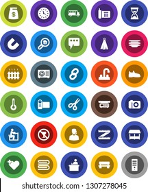 White Solid Icon Set- towel vector, plates, water tap, student, magnet, scissors, school bus, sand clock, measuring, snickers, no alcohol sign, phone, heart cross, thermometer, message, bench, chain