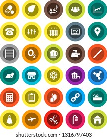 White Solid Icon Set- towel vector, atom, molecule, leaf, graph, clipboard, pills, fitness mat, oxygen, map pin, plane, route, shelving, settings, tv, link, group, scalpel, cottage, pool, bath, home