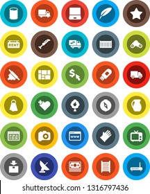 White Solid Icon Set- towel vector, rubber glove, washboard, rolling pin, jug, pen, schedule, compass, dollar cursor, money, sea container, delivery, consolidated cargo, package, oil barrel, camera