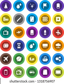 White Solid Icon Set- towel vector, shining, window cleaning, splotch, plates, knife, cutting board, school building, bus, flag, sand clock, any currency, water bottle, route, plane, ship, tv, share