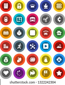 White Solid Icon Set- towel vector, plates, molecule, money bag, dollar flag, cent sign, muscule hand, run, dry cargo, package, flammable, heart, play button, rec, scissors, loading, lock, mailbox