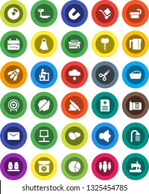 White Solid Icon Set- towel vector, splotch, foam basin, shower, measuring cup, rolling pin, spices, potato, student, backpack, magnet, pie graph, man, target, shuttlecock, cargo, big scales, mail