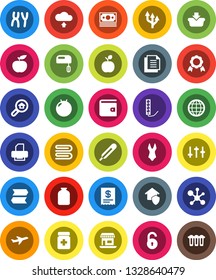 White Solid Icon Set- towel vector, jar, apple fruit, medal, molecule, wallet, diet, fitball, swimsuite, office, plane, money, document, settings, thermometer, pills bottle, chromosomes, globe
