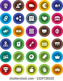 White Solid Icon Set- towel vector, plates, pencil, apple fruit, award cup, laptop graph, euro sign, heart monitor, navigator, truck trailer, delivery, music hit, loudspeaker, speaking man, cross