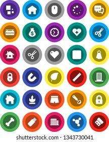 White Solid Icon Set- towel vector, ladle, ruler, magnet, scissors, molecule, leaf, money bag, shorts, bone, clock, flammable, dialog, heart, stop button, cross, home, loading, lock, house, building