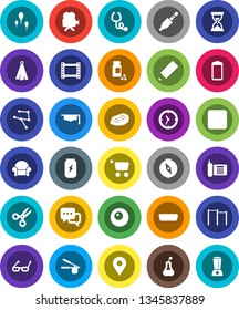 White Solid Icon Set- towel vector, cook press, steak, graduate hat, pencil, glasses, compass, scissors, sand clock, pills vial, horizontal bar, enegry drink, phone, film frame, video camera, dialog