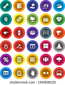 White Solid Icon Set- towel vector, rubber glove, house hold, bbq, clipboard, archive, man, dollar calendar, heart pulse, monitor, stairways run, bone, barcode, shelving, eye doctor hat, server