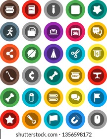 White Solid Icon Set- towel vector, splotch, toilet paper, ladle, magnet, scissors, flag, dollar, tie, cent sign, molecule, bone, run, document, dialog, forward button, mailbox, garage, rooms, table