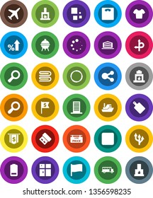 White Solid Icon Set- towel vector, shining window, cutting board, bbq, school bus, flag, magnifier, percent growth, dollar, scales, t shirt, hoop, route, plane, ship, battery, stop button, share