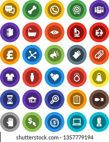 White Solid Icon Set- towel vector, rubber glove, microscope, notebook pc, dollar coin, man, binder, sand clock, cursor, pound, t shirt, target, heart cross, bone, clipboard, dialog, eye, network