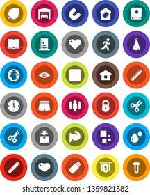 White Solid Icon Set- towel vector, book, ruler, magnet, scissors, leaf, clock, man, dollar flag, muscule hand, shorts, run, earth, package, heart, rec button, eye, blood drop, loading, lock, garage