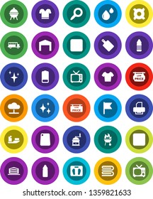 White Solid Icon Set- towel vector, shining, cutting board, hand mill, bbq, school bus, flag, magnifier, any currency, scales, t shirt, water bottle, ship, tv, battery, stop button, rec, blood drop