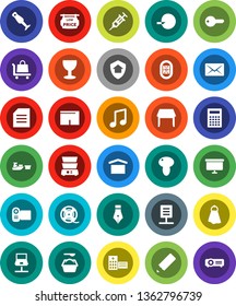 White Solid Icon Set- towel vector, washing powder, double boiler, blender, mushroom, pen, pencil, calculator, music, document, presentation board, shorts, stadium, port, glass, dry cargo, syringe
