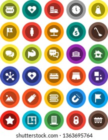 White Solid Icon Set- towel vector, ladle, magnet, molecule, flag, money bag, clock, man, dollar, muscule hand, shorts, heart cross, dialog, cloud network, loading, lock, mountain, plan, rooms, star