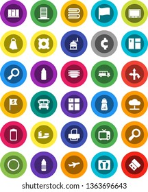 White Solid Icon Set- towel vector, window cleaning, plates, shining, hand mill, school bus, flag, dollar, any currency, cent sign, scales, water bottle, hoop, route, plane, ship, tv, battery, usb