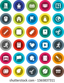 White Solid Icon Set- towel vector, splotch, plates, ladle, book, ruler, scissors, flag, leaf, heart cross, run, earth, flammable, play button, rec, mailbox, garage, plan, sale signboard, smart home