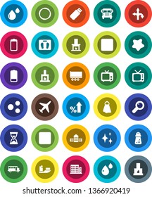 White Solid Icon Set- towel vector, shining, splotch, hand mill, school building, bus, percent growth, sand clock, scales, hoop, route, plane, ship, truck trailer, tv, battery, backward button, rec