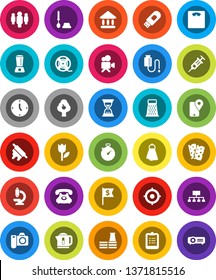 White Solid Icon Set- towel vector, toilet brush, rolling pin, grater, clipboard, university, clock, target, man, sand, dollar flag, hierarchy, scales, stopwatch, breads, phone, traking, tulip