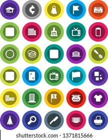 White Solid Icon Set- towel vector, window cleaning, plates, skimmer, knife, school building, flag, dollar, cent sign, t shirt, hoop, tv, battery, stop button, backward, rec, magnifier, loading