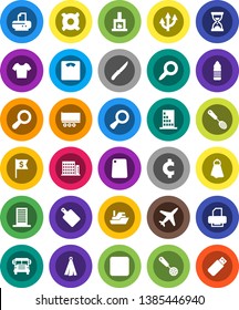 White Solid Icon Set- towel vector, skimmer, knife, cutting board, school bus, magnifier, sand clock, dollar flag, any currency, cent sign, scales, t shirt, water bottle, plane, ship, truck trailer