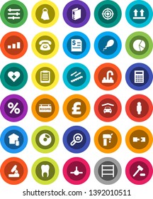 White Solid Icon Set- towel vector, water tap, microscope, calculator, clipboard, pie graph, annual report, man, binder, pound, target, stairways run, top sign, sorting, shelving, heart cross, sperm