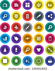 White Solid Icon Set- towel vector, shining, window, skimmer, knife, cutting board, bbq, school building, magnifier, percent growth, dollar flag, t shirt, water bottle, hoop, route, plane, ship, tv