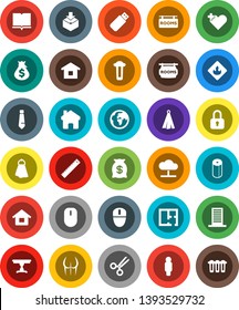 White Solid Icon Set- towel vector, toilet paper, book, ruler, money bag, man, tie, buttocks, earth, package, flammable, heart cross, scissors, cloud network, home, house, plan, rooms signboard, usb