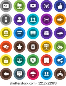 White Solid Icon Set- trash bin vector, student, monitor dollar, heart, top sign, gamepad, notebook pc, favorites, diagnostic, server, network folder, cloud lock, browser, lan connector, share, user