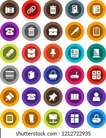 White Solid Icon Set- trash bin vector, shining window, pencil, pen, clipboard, paper pin, archive, exam, case, binder, phone, receipt, classic, thumbtack, medical room, network folder, router, user