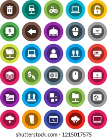White Solid Icon Set- trash bin vector, notebook pc, monitor dollar, cursor, heart, top sign, gamepad, diagnostic, server, network, folder, cloud exchange, big data, browser, lan connector, arrow