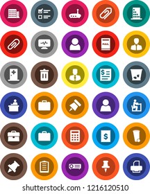 White Solid Icon Set- trash bin vector, student, case, paper pin, exam, manager, receipt, clipboard, thumbtack, diagnostic monitor, medical room, router, attachment, user, mailbox, apartments