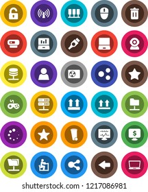 White Solid Icon Set- trash bin vector, student, laptop graph, monitor dollar, top sign, gamepad, notebook pc, favorites, hdmi, diagnostic, server, network folder, share, arrow, loading, user, mouse