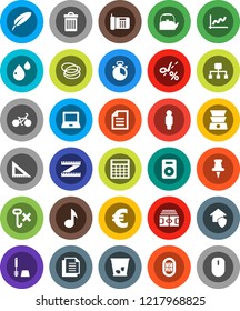 White Solid Icon Set- trash bin vector, toilet brush, kettle, cook timer, pen, corner ruler, notebook pc, music, document, graph, calculator, man, euro sign, measuring, stadium, bike, hoop, no hook