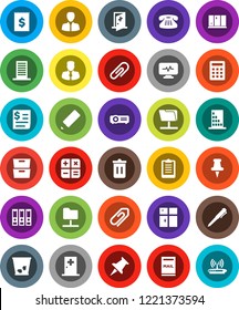 White Solid Icon Set- trash bin vector, shining window, pencil, pen, archive, manager, binder, clipboard, receipt, classic phone, thumbtack, diagnostic monitor, medical room, network folder, mailbox